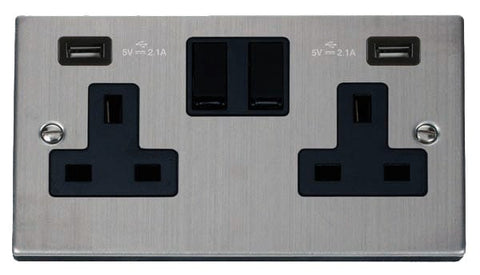 Stainless Steel - Black Inserts Stainless Steel 2 Gang 13A 2 USB Twin Double Switched Plug Socket - Black Trim