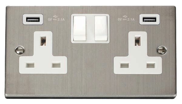 Stainless Steel 2 Gang 13A 2 USB Twin Double Switched Plug Socket - Wh ...