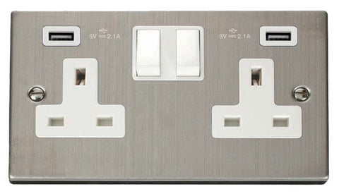 Stainless Steel - White Inserts Stainless Steel 2 Gang 13A 2 USB Twin Double Switched Plug Socket - White Trim