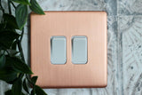 Screwless Raised - Brushed Copper 10A 2 Gang 2 Way Light Switch - White Trim - SE Home