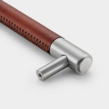 Brown Leather Wrapped Brass Cupboard Bar Handle - Silver - Hole Centre 224mm - SE Home