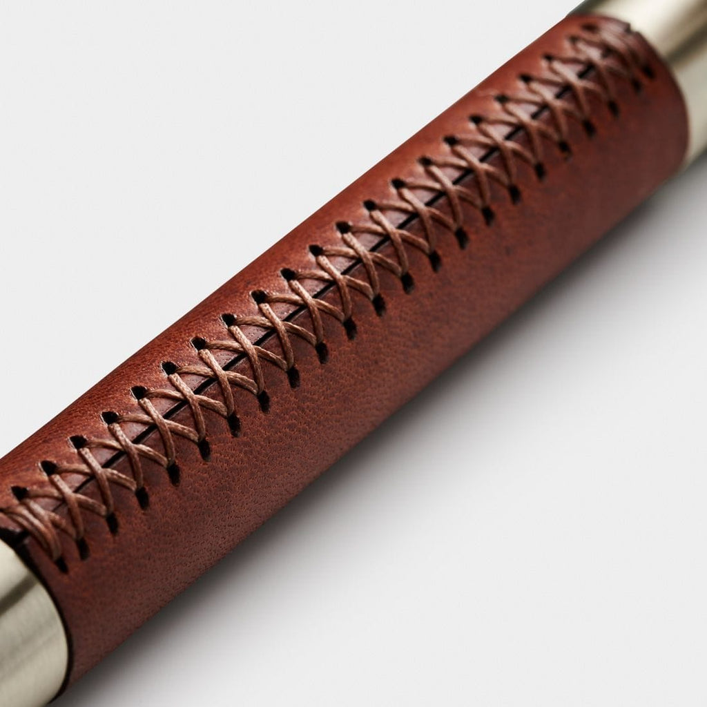 Brown Leather Wrapped Brass Cupboard Bar Handle - Silver - Hole Centre ...