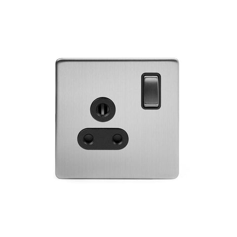 Screwless Brushed Chrome - Black Trim - Slim Plate Screwless Brushed Chrome 5 Amp Plug Socket with Switch Black Trim