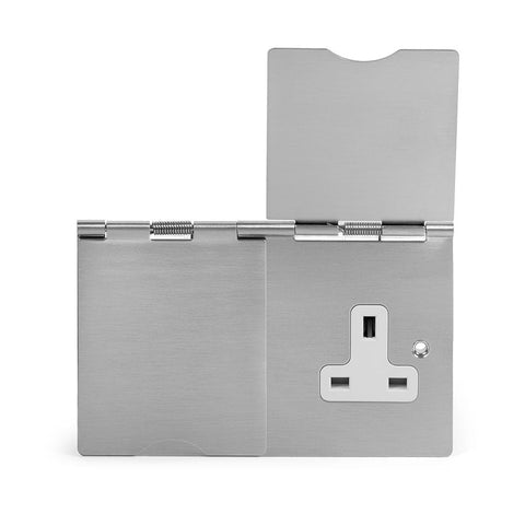 Screwless Brushed Chrome - White Trim - Slim Plate Soho Lighting - Screwless Brushed Chrome 13A 2 Gang Floor Socket