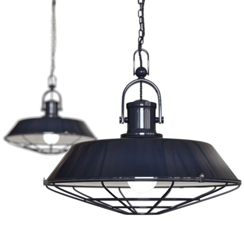 Hand Painted Iron Pendant Lights Brewer Cage Industrial Pendant Light Squid Ink Navy Blue