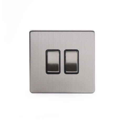 Screwless Brushed Chrome - Black Trim - Slim Plate Screwless Brushed Chrome 10A 2 Gang 2 Way Light Switch