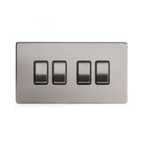 Screwless Brushed Chrome - Black Trim - Slim Plate Screwless Brushed Chrome 4 Gang Light Switch With 1 Intermediate (3 x 2 Way Swich with 1 Intermediate)