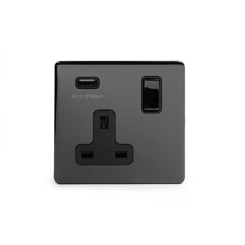 Screwless Black Nickel - Black Trim - Slim Plate Soho Lighting - Screwless Black Nickel 1 Gang Single USB Socket - Black