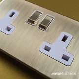 Screwless Brushed Brass - White Trim - Slim Plate Screwless Brushed Brass 2 Gang (13A Socket + 2 USB Ports A+C 3.1A) USB A+C Plug Socket