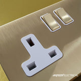 Screwless Brushed Brass - White Trim - Slim Plate Screwless Brushed Brass 2 Gang (13A Socket + 2 USB Ports A+C 3.1A) USB A+C Plug Socket