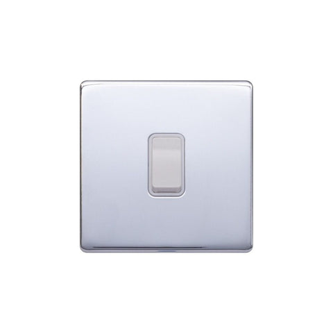 Screwless Polished Chrome - White Trim - Raised Plate Screwless Raised - Polished Chrome 1 Gang Intermediate Light Switch - White Trim