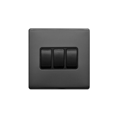 Screwless Black Nickel - Black Trim - Raised Plate Screwless Raised - Black Nickel 10A 3 Gang 2 Way Light Switch - Black Trim