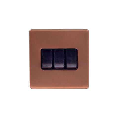 Screwless Brushed Copper - Black Trim - Raised Plate Screwless Raised - Brushed Copper 10A 3 Gang 2 Way Light Switch - Black Trim