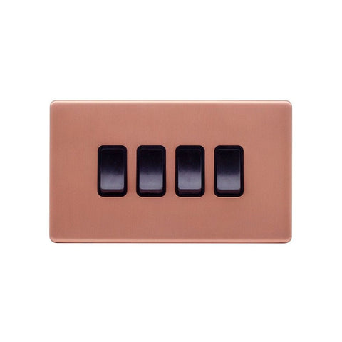 Screwless Brushed Copper - Black Trim - Raised Plate Screwless Raised - Brushed Copper 10A 4 Gang 2 Way Light Switch - Black Trim