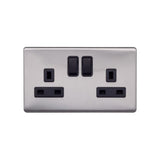 Screwless Raised - Brushed Chrome 13A 2 Gang Switched Plug Socket, Double Pole - Black Trim - SE Home