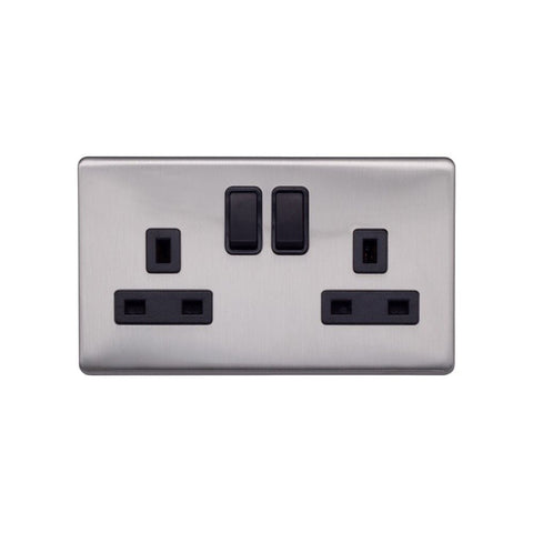 Screwless Raised - Brushed Chrome 13A 2 Gang Switched Plug Socket, Double Pole - Black Trim - SE Home