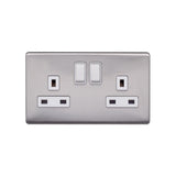 Screwless Raised - Brushed Chrome 13A 2 Gang Switched Plug Socket, Double Pole - White Trim - SE Home