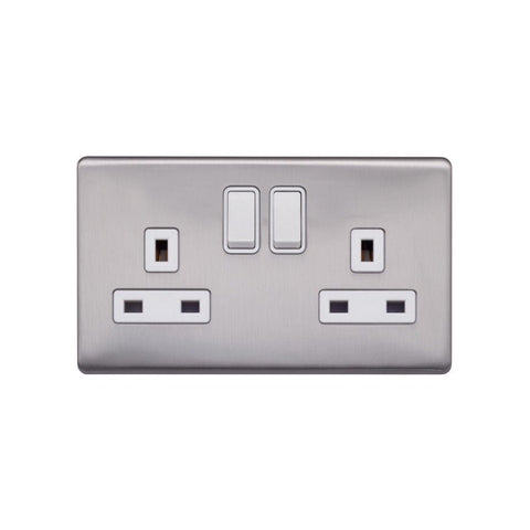 Screwless Brushed Chrome - White Trim - Raised Plate Screwless Raised - Brushed Chrome 13A 2 Gang Switched Plug Socket, Double Pole - White Trim