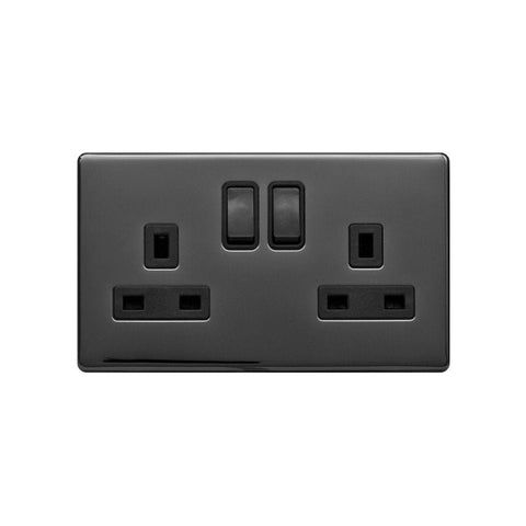 Screwless Black Nickel - Black Trim - Raised Plate Screwless Raised - Black Nickel 13A 2 Gang Switched Plug Socket, Double Pole - Black Trim