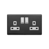 Screwless Black Nickel - White Trim - Raised Plate Screwless Raised - Black Nickel 13A 2 Gang Switched Plug Socket, Double Pole - White Trim