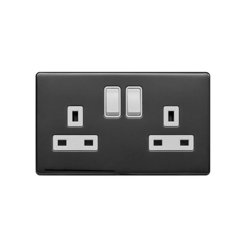 Screwless Raised - Black Nickel 13A 2 Gang Switched Plug Socket, Double Pole - White Trim - SE Home
