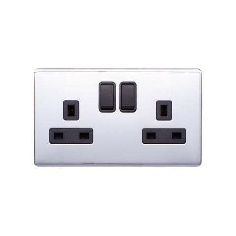 Screwless Polished Chrome - Black Trim - Raised Plate Screwless Raised - Polished Chrome 13A 2 Gang Switched Plug Socket, Double Pole - Black Trim