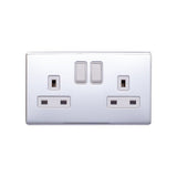 Screwless Polished Chrome - White Trim - Raised Plate Screwless Raised - Polished Chrome 13A 2 Gang Switched Plug Socket, Double Pole - White Trim