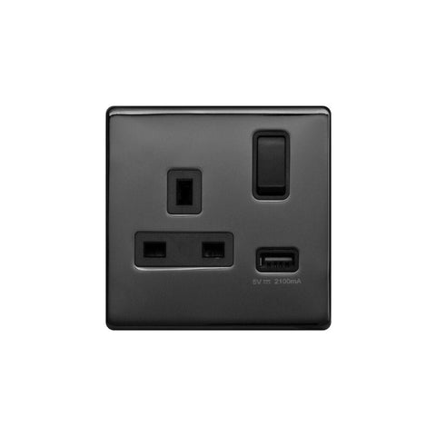 Screwless Black Nickel - Black Trim - Raised Plate Screwless Raised - Black Nickel 13A 1 Gang Switched Plug Socket (3.1A) USB Outlet - Black Trim