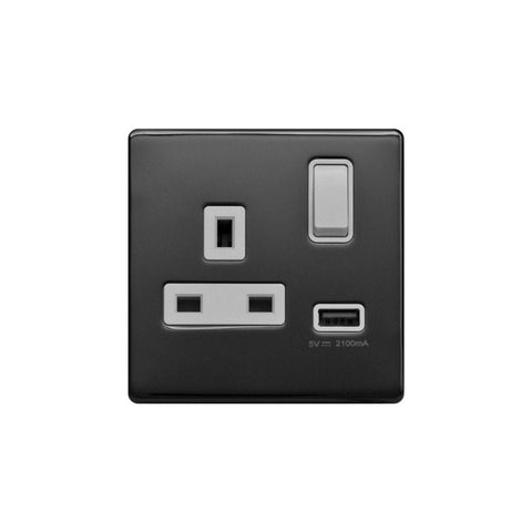Screwless Black Nickel - White Trim - Raised Plate Screwless Raised - Black Nickel 13A 1 Gang Switched Plug Socket (3.1A) USB Outlet - White Trim