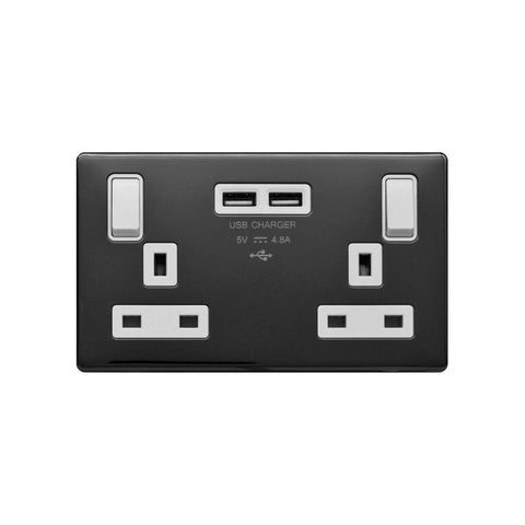 Screwless Black Nickel - White Trim - Raised Plate Screwless Raised - Black Nickel 13A 2 Gang Switched DP Socket 2 x USB Outlet (4.8A) - White Trim