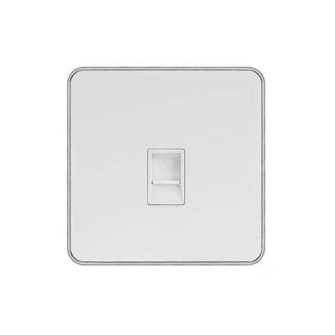 Screwless White and Polished Chrome - White Trim Screwless Fusion White Metal Plate with Chrome Edge 1 Gang Data Socket RJ45 Cat5/Cat6 White Trim