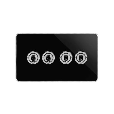 Screwless Black Nickel and Polished Chrome - Black Trim Screwless Fusion Black Nickel & Polished Chrome With Chrome Edge 20A 4 Gang 2 Way Toggle Light Switch Black Trim