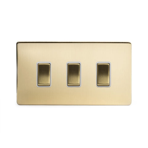 Screwless Brushed Brass - White Trim - Slim Plate Screwless Brushed Brass 3 Gang Light Switch Double Plate