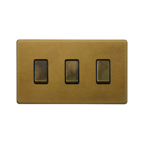 Screwless Old Brass 3 Gang Switch Double Plate 2 Way