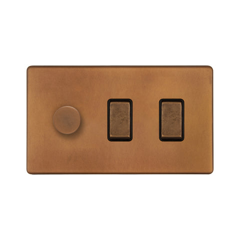 Screwless Antique Copper 3 Gang Light Switch with 1 dimmer (2x 2 Way Switch & Trailing Dimmer)