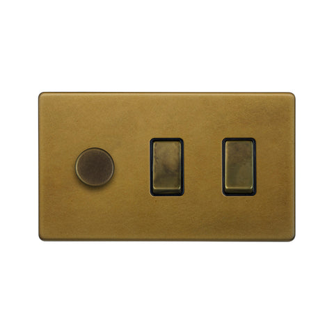 Screwless Old Brass 3 Gang Light Switch with 1 dimmer (2x 2 Way Light Switch & Trailing Dimmer)