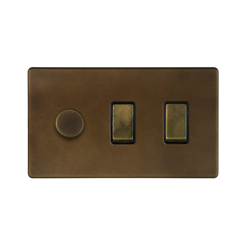 Screwless Vintage Brass 3 Gang Light Switch with 1 dimmer (2x 2 Way Light Switch & Trailing Dimmer)