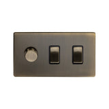 Screwless Antique Brass 3 Gang Light Switch with 1 dimmer (2x 2 Way Switch & 400w Trailing Dimmer)