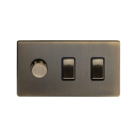 Screwless Antique Brass 3 Gang Light Switch with 1 dimmer (2x 2 Way Switch & 400w Trailing Dimmer) - SE Home