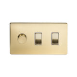 Screwless Brushed Brass 3 Gang Light Switch with 1 dimmer (2x 2 Way Switch - 150w Trailing Dimmer)