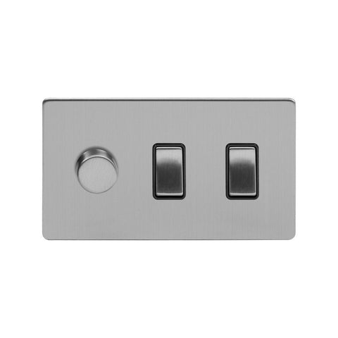 Screwless Brushed Chrome 3 Gang Light Switch with 1 dimmer (2x 2 Way Switch & 400w Trailing Dimmer)