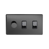 Screwless Black Nickel 3 Gang Light Light Switch with 1 dimmer (2x 2 Way Light Switch & 400w Trailing Dimmer)