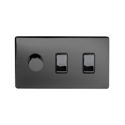 Screwless Black Nickel 3 Gang Light Light Switch with 1 dimmer (2x 2 Way Light Switch & 400w Trailing Dimmer) - SE Home