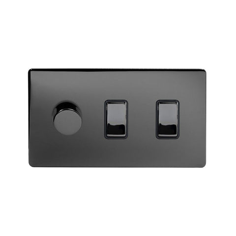 Screwless Black Nickel 3 Gang Light Light Switch with 1 dimmer (2x 2 Way Light Switch & 400w Trailing Dimmer)