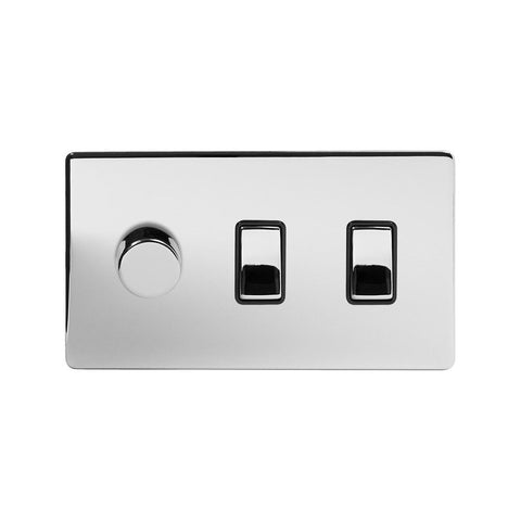 Screwless Polished Chrome 3 Gang Light Switch with 1 dimmer (2x 2 Way Light Switch & 400w Trailing Dimmer)
