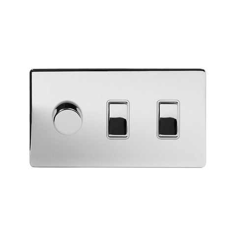 Screwless Polished Chrome 3 Gang Light Switch with 1 dimmer (2x 2 Way Switch & 400w Trailing Dimmer)