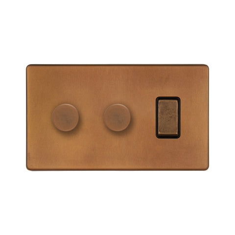Screwless Antique Copper 3 Gang Light Switch with 2 Dimmers (2 Way Switch & 2x Trailing Dimmer)