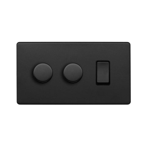 Screwless Matt Black 3 Gang Light Switch with 2 Dimmers (2 Way Light Switch & 2x Trailing Dimmer) 