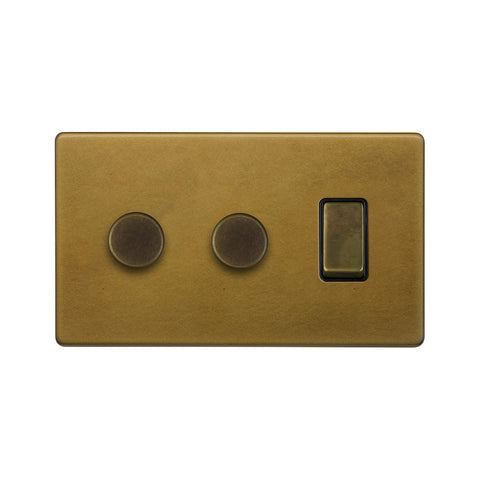 Screwless Old Brass 3 Gang Light Switch with 2 Dimmers (2 Way Light Switch & 2x Trailing Dimmer)