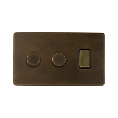 Screwless Vintage Brass 3 Gang Light Switch with 2 Dimmers (2 Way Light Switch & 2x Trailing Dimmer)